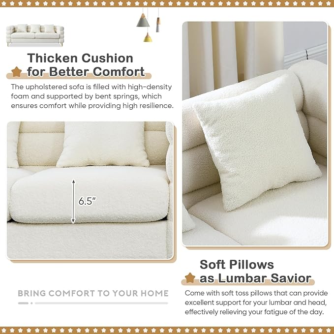 Antetek 60-inch Couches for Living Room Modern Teddy Fabric Upholstered Loveseat Sofa Couch with Square Arm and 4 Golden Metal Legs for Living Room Office Apartment White