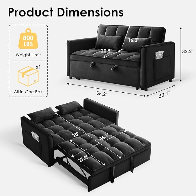 Dreamzie 3 in 1 Convertible Sleeper Sofa Bed Pull Out Couch Bed with Side Pocket Sleeper Sofa with Adjustable Backrest | Side Pocket (Black)
