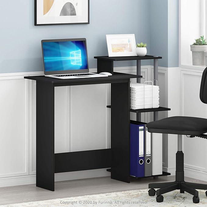 Furinno EFFICIENT Desk 28.6 Wide Gaming Desk with 3 Open Side Shelves Laptop Notebook Computer Desk Office Desk for Home Office Study Room Dorm Bedroom Solid Black