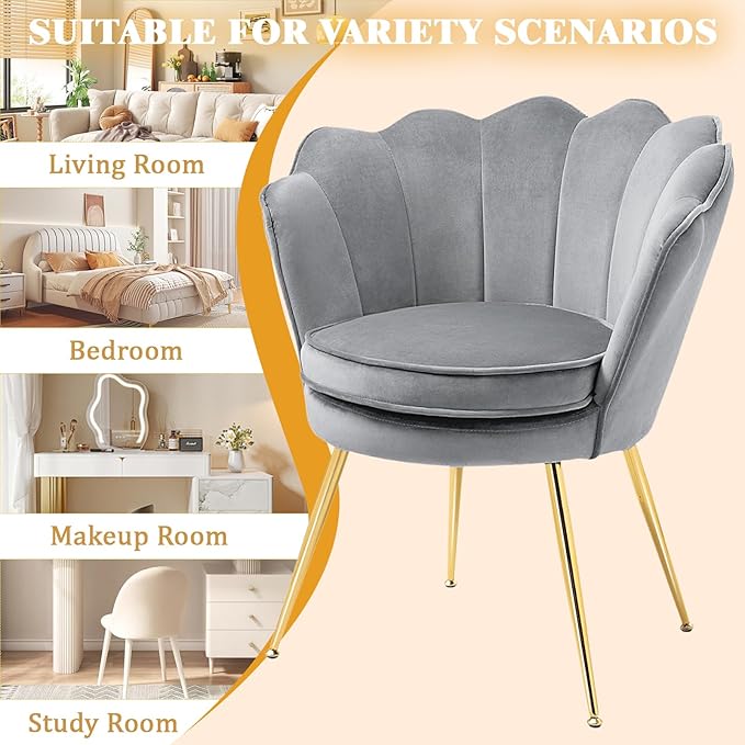 Accent Chairs Set of 2 for Living Room Velvet Upholstered Makeup Room Vanity Chair with Back Golden Metal Legs Small Accent Side Chair for Bedroom Cloud Chair Set 2 Pcs Light Grey