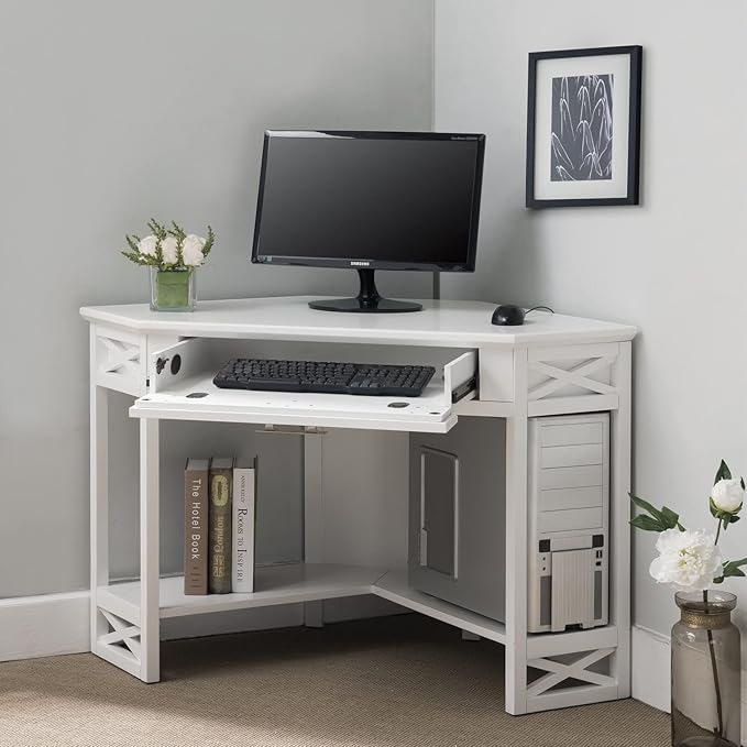 Leick Home Sage Corner Office Desk Solid Wood with Drop Front Keyboard Drawer White 85430