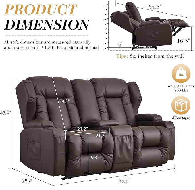 Loveseat Recliner SofaRV Wall Hugger Recliners for Small SpacesReclining Loveseat Sofa Recliner with Cup Holders/Lumbar PillowsRV Furniture (Brown Loveseat with Console)