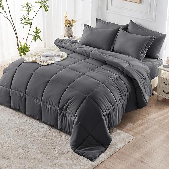 JOLLYVOGUE Twin Comforter Set Ultra-Soft Bed in a Bag Twin Size 5 Pieces Oeko-TEX Certified Bedding Set with Down Alternative Comforter Sheets Pillowcases &amp Shams Dark Grey