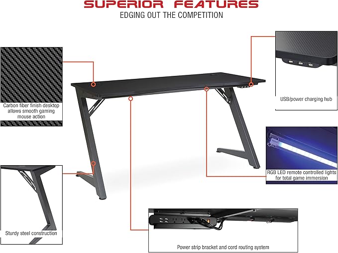 OSP Home Furnishings Beta Battlestation Gaming Desk with Bluetooth RGB LED Lights Matte Red