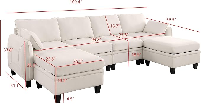 109.4” Modular Sectional Sofa Couch with Storage Convertible U Shaped Couches for Living Room Modern Chenille 6 Seater Deep Seat Cloud Sofas Set with Movable Ottoman Grey