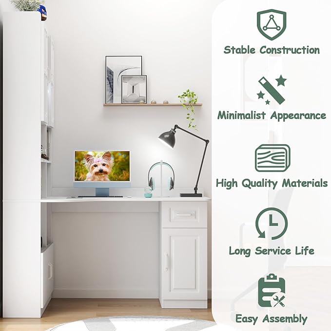 White Corner Desk with Bookshelf 2-in-1 L Shaped Desk with Hutch &amp Drawers Home Office Desk with Shelves &amp Storage Wooden Structure Easy Assembly (White)