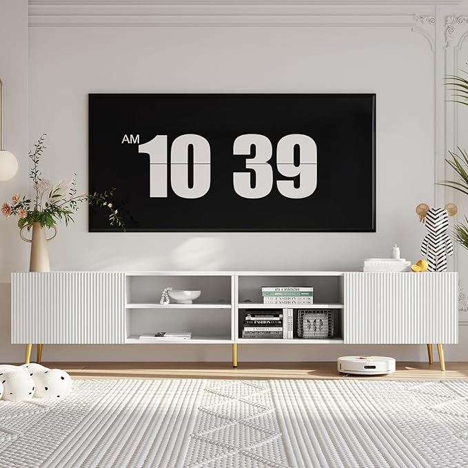 Modern 86in TV Stand for Living Room Fluted Design Entertainment Center with Adjustable ShelvesMedia TV Console Table with Storage for BedroomWhite