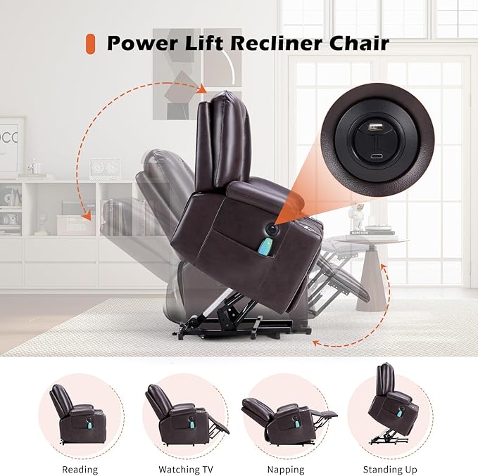 CANMOV Leather Power Lift Recliner Chair for Elderly Lift Chair Single Sofa with Massage and HeatingElectric Lift Recliner with Cup Holders USB Port for Living RoomDark Brown