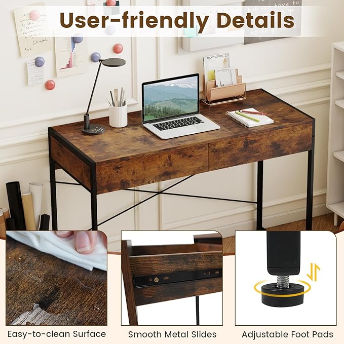 GOFLAME Modern 2-Drawer Computer Desk Home Office Desk w/Reinforced Heavy-Duty Metal Frame Versatile Study Writing Desk w/Anti-Tip Kit Ideal for Study Office Small Spaces (Rustic Brown)