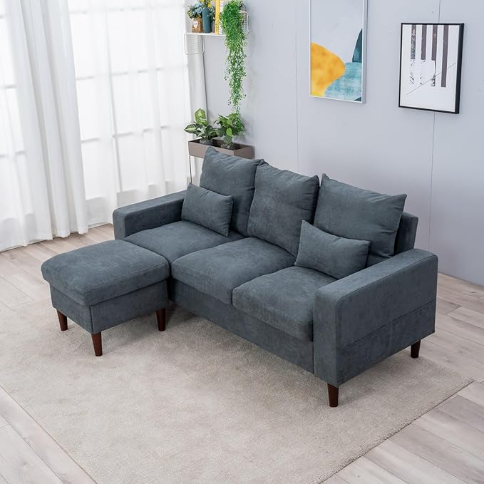 Panana 3-Seat Sofa Couch with Reversible Back Cushions Modern Fabric Sofa 3 Seater Couch for Small Apartment (Grey 3 Seater with Ottoman Stool)