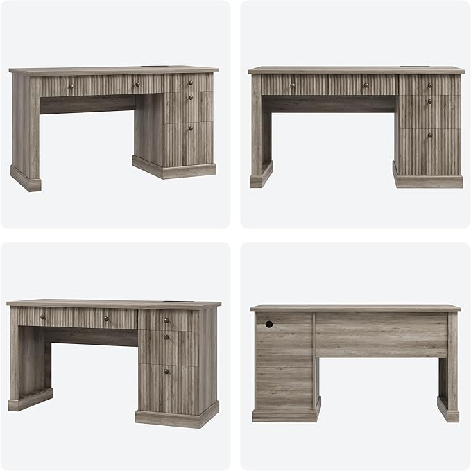 GAOMON 54'' Fluted Home Office Desk with Storage Modern Executive Desk with Charging Station Wooden Computer Desk with Drawers for Storage File Writing Desk for Study Living Room Bedroom