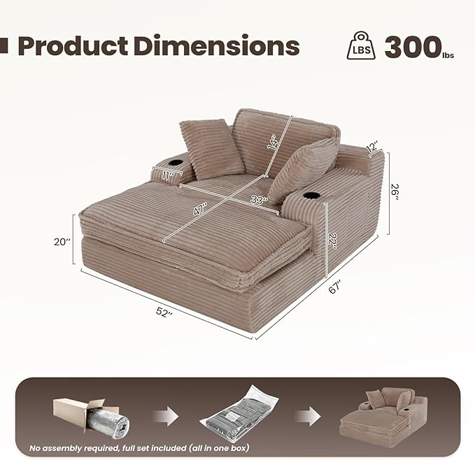 67 Chaise Lounge Chair Indoor Cozy Oversized Fluffy Sofa with Cup Holders &amp Throw Pillows Boneless Sleeper Cloud Couch for Living Room Movie Room and Apartments Camel