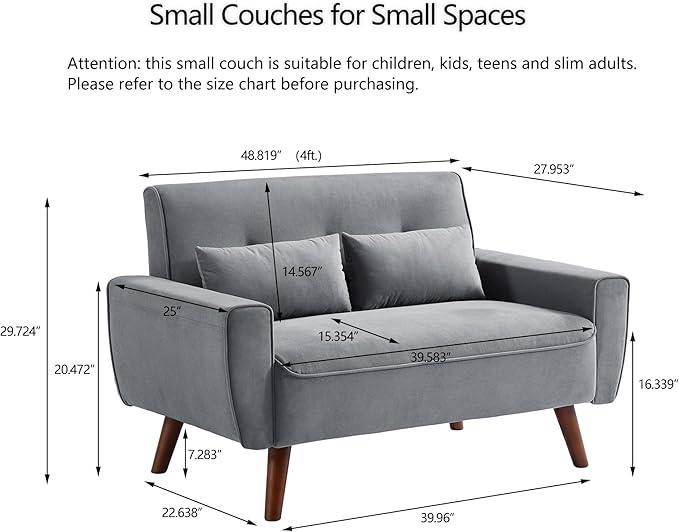 49 Small Loveseat Sofa 2 Seat Mid Century Love Seat Couch with Throw Pillows for Living Room Apartment Bedroom and Small Spaces