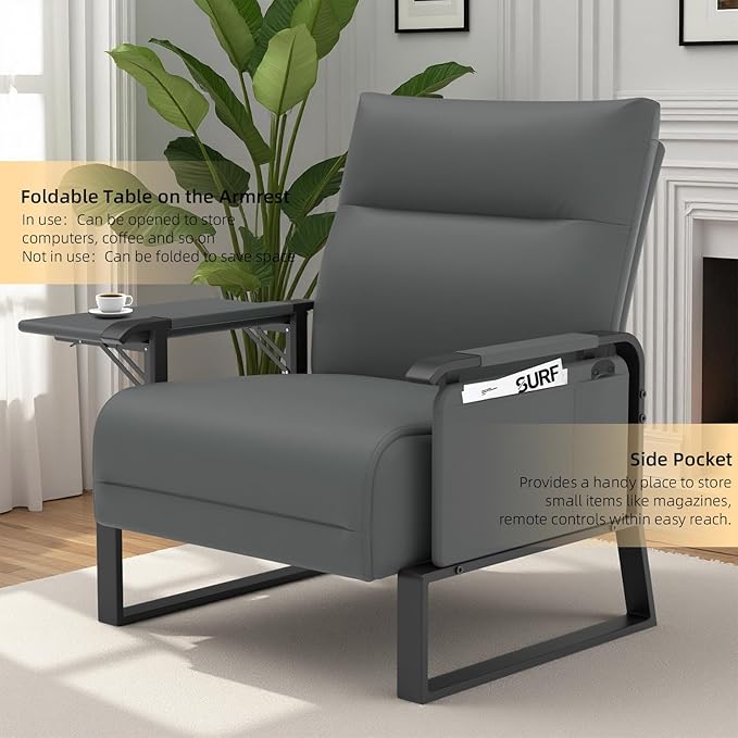 Faux Leather Accent Chair with Flip Up Tray Table Soft Backrest Side Pocket for Living Room Office Bedroom Leather Accent Chair Gray