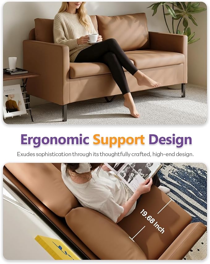 TYBOATLE Modern Faux Leather Small Couches for Small Spaces Comfy Upholstered Brown Love Seat for Bedroom 2 Seater Mini Couch for Dorm Apartment Office Brown