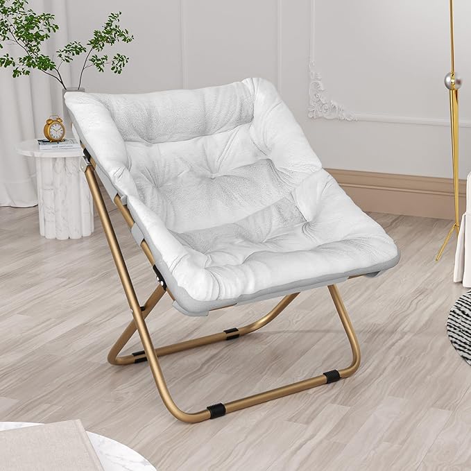 Foldable Oversized Moon Chair Large Soft Lazy Cozy Comfortable Faux Fur Square Saucer Moon Chair for Teens and Adults White