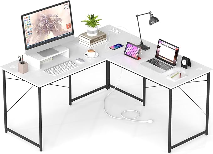 Giantex L Shaped Computer Desk 59 Inch Reversible Corner Desk with Power Outlet and USB Ports &amp Monitor Stand Wooden Writing Desk Gaming Table for Home Office Room Small Space (White)