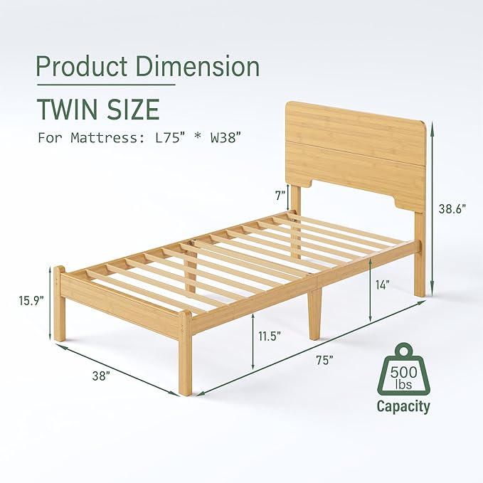 14in High Solid Bamboo Wood Platform Twin Size Bed Frame with Headboard Reinforced Heavy Duty Metal Slats Noise Free No Box Spring Needed Easy Assembly