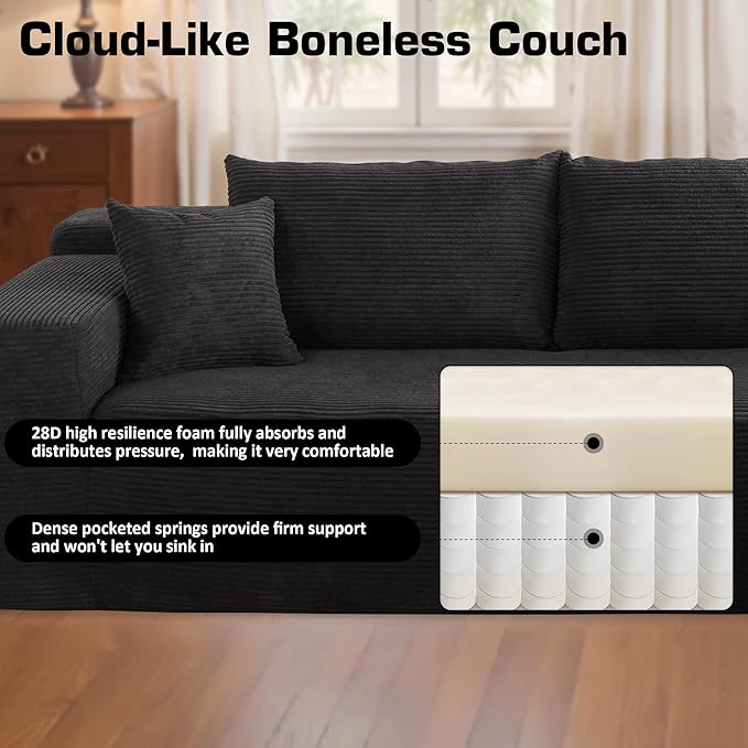 106 Cloud Sectional Couch with Chaise LoungeL Shaped Modular Modern SofaComfy Corduroy Fluffy Sofa with Deep SeatNo Assembly Required Couch for Living Room(RightStripe CorduroyBlack)