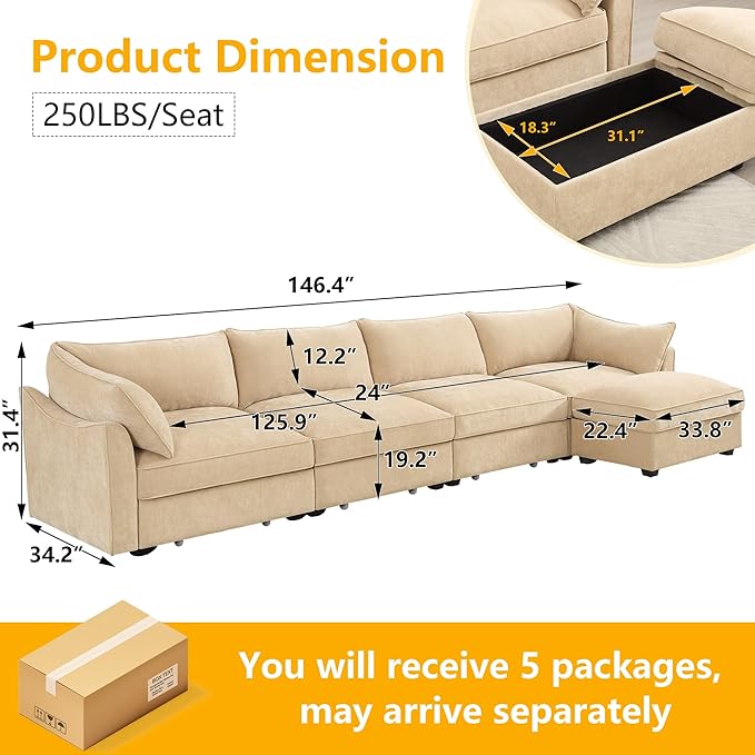 Aoowow Modular Sectional Sofa with Pullout Storage Seat 146.4” L-Shaped Chenille 4-Seat Sofa Couch with Storage Ottoman Upholstered Deep Couches for Living Room Apartment OfficeWheat