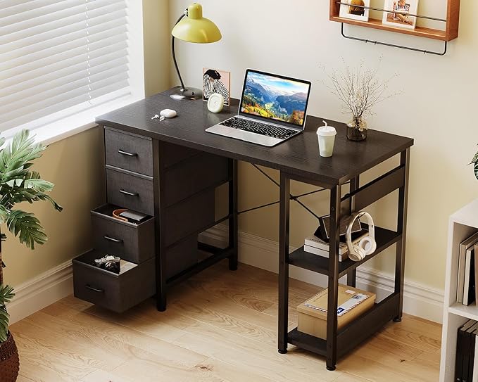 Casaottima 40 Inch Small Computer Desk with 4 Fabric Drawers Modern PC Desk for Small Spaces Home Office Desk with Storage Shelves Black