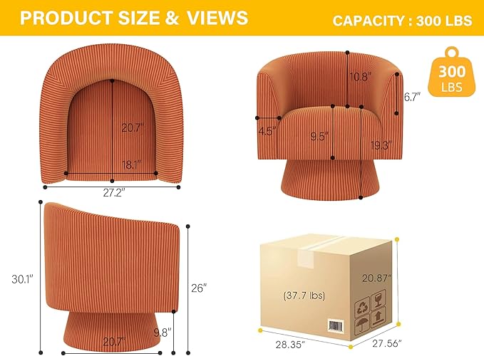 Swivel Accent Chair Modern 360° Barrel Chair Corduroy Upholstered Single Sofa for Living Room Bedroom(Orange)