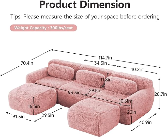 114.7 Modular Boneless Sofa Modern Sectional Couch U-Shape Boneless Couch for Living Room Apartments Bedroom 32D High Density Sponge Lounge Sofa No Assembly Required Pink