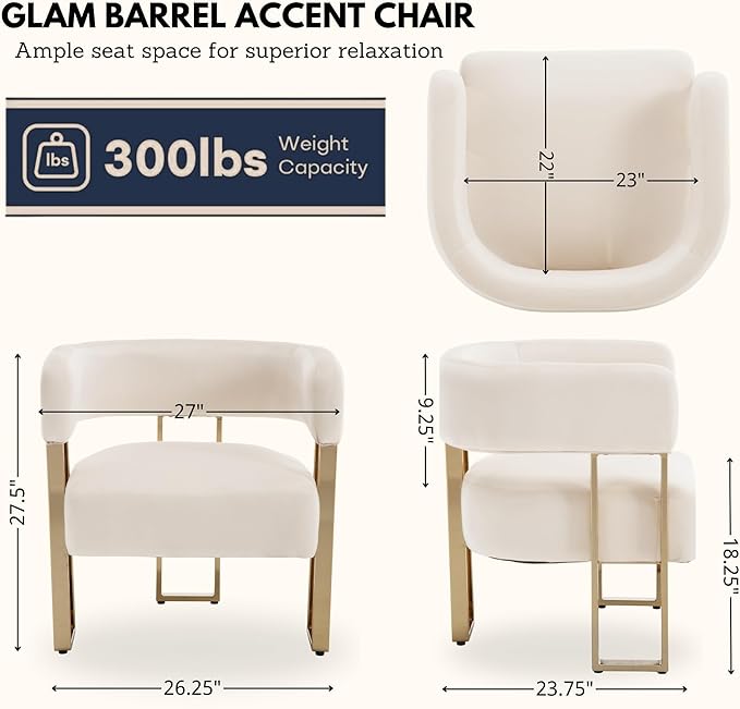 Cream Velvet Barrel Chair Gold Leg Accent Chair for Bedroom Upholstered Accent Seat for Living Room Bedroom Dressing Vanity Area