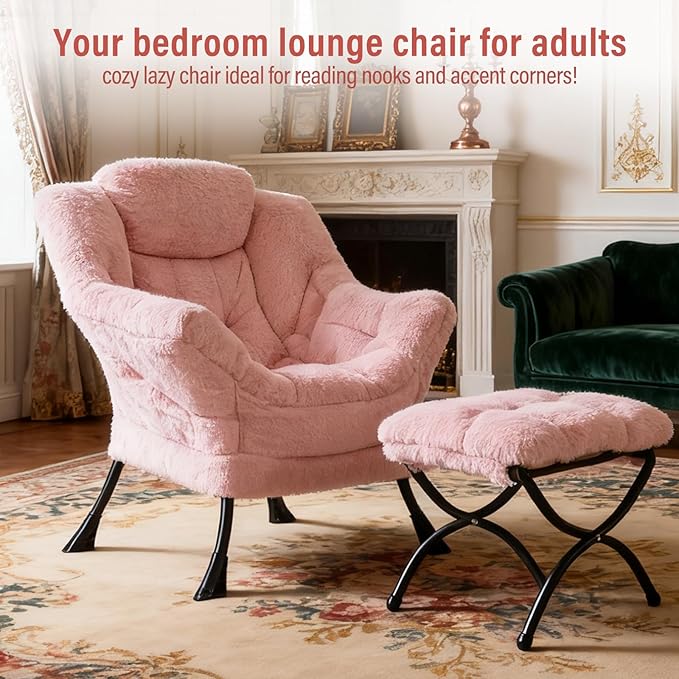 Lazy Chair with Ottoman Modern Accent Chair with Armrests and a Side Pocket Plush Pink Accent Chairs Reading Chairs Oversized Armchairs for Bedroom Study Living Room Courtyard