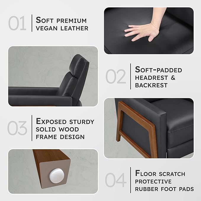 Lexicon Push Back Recliner Chair Faux Leather Upholstered Reclining Chair with Footrest Exposed Dark Brown Finish Wood Frame Small Recliner for Small Space Living Room Bedroom Black