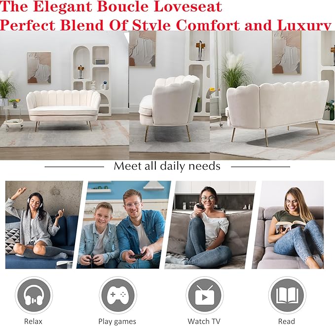 Modern Chenille Loveseat CouchFuton Small Sofa with Gold Metal Legs 2-Seater Upholstered Mini Sofa Couches for Small SpaceLiving Room Bedroom Office Dorm Studio Apartment Love Seat Couche(Ivory)