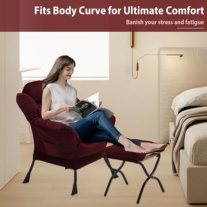 Lazy Chair with Folding Ottoman Accent Chair Velvet Upholstered with Metal Structure and Non-Slip Pads Sofa Armchair with Footrest and Side Storage Bag for Dorm Room Office Burgundy