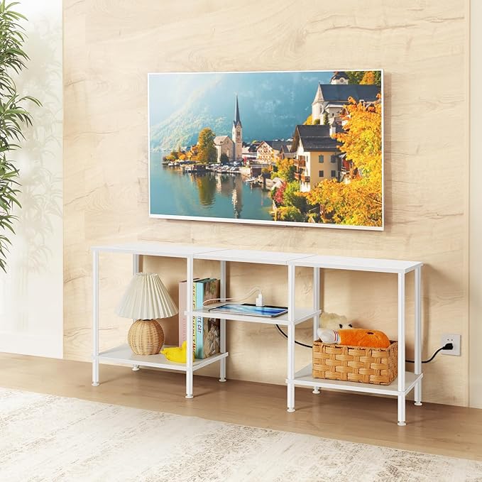 TV Stand for Bedroom up to 50 Inch Modern TV Stands with Power Outlets Small Entertainment Center with Storage 3 Tier TV Cabinet Console Table for Living Room Bedroom Office White