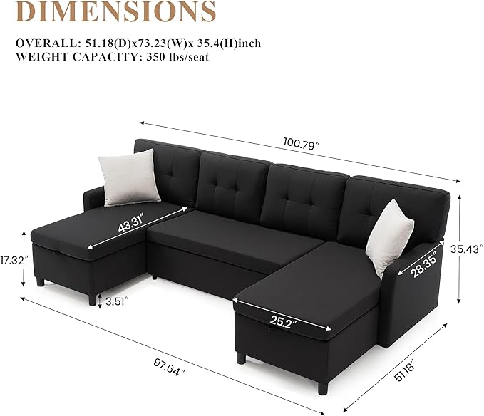 Sleeper Sofa Couch Oversized Pull Out Couch Bed with Storage Chaise Sectional Sleeper Sofa Bed for Living Room (Black Double Chaise)