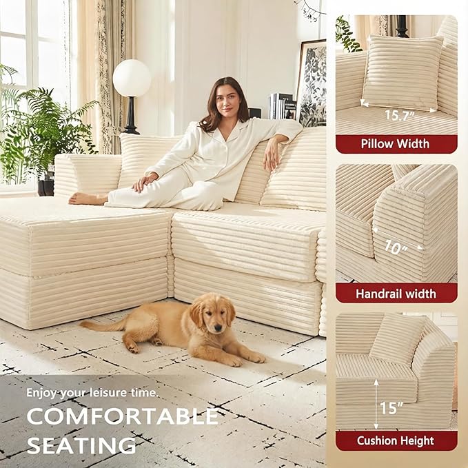 102 L-Shaped Modular Corduroy Cloud Sofa 3-Seater with Reversible Chaise Beige Memory Foam Cushion No Assembly Required