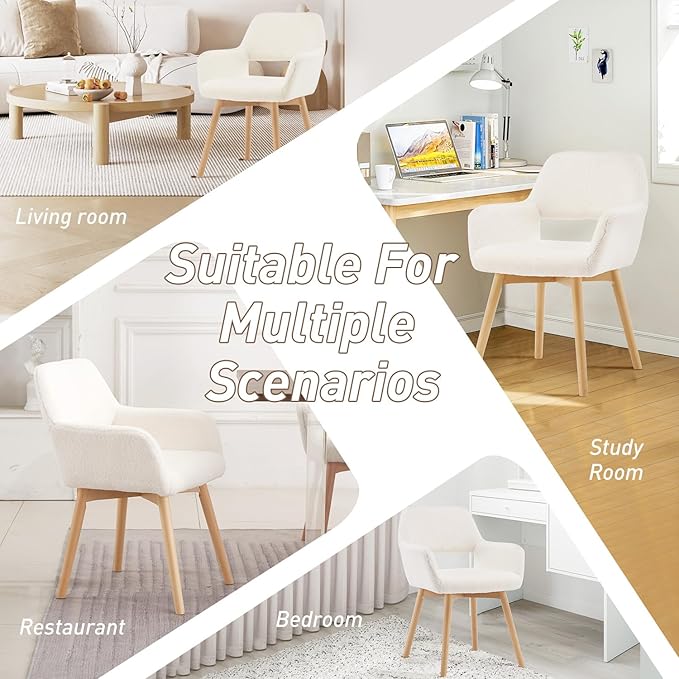 Desk Chair No Wheels Vanity Chair Makeup Chair Comfy Accent Chair for Living Dining Room Bedroom Home Office Mid Century Modern Upholstered Armchair Sofa with Wood Legs (Wool White 1)