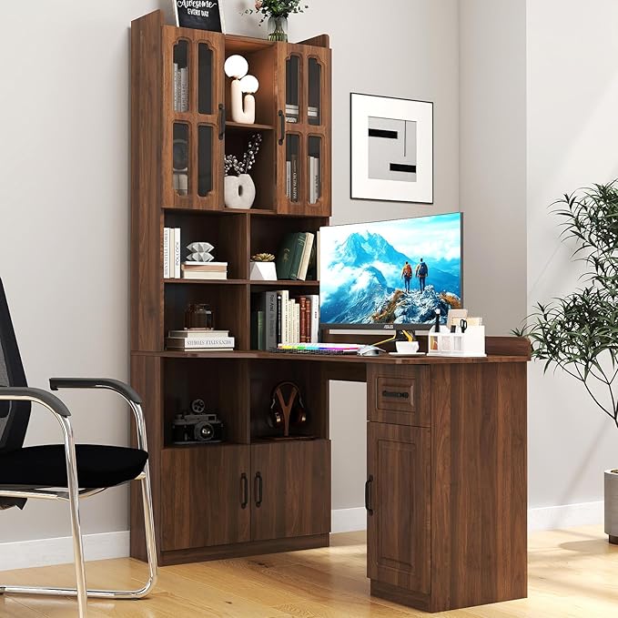 Walnut Corner Desk with Bookshelf 2-in-1 L Shaped Desk with Hutch &amp Drawers Home Office Desk with Shelves &amp Storage Wooden Structure Easy Assembly (Walnut)