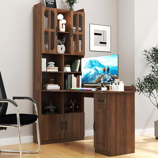 Walnut Corner Desk with Bookshelf 2-in-1 L Shaped Desk with Hutch &amp Drawers Home Office Desk with Shelves &amp Storage Wooden Structure Easy Assembly (Walnut)