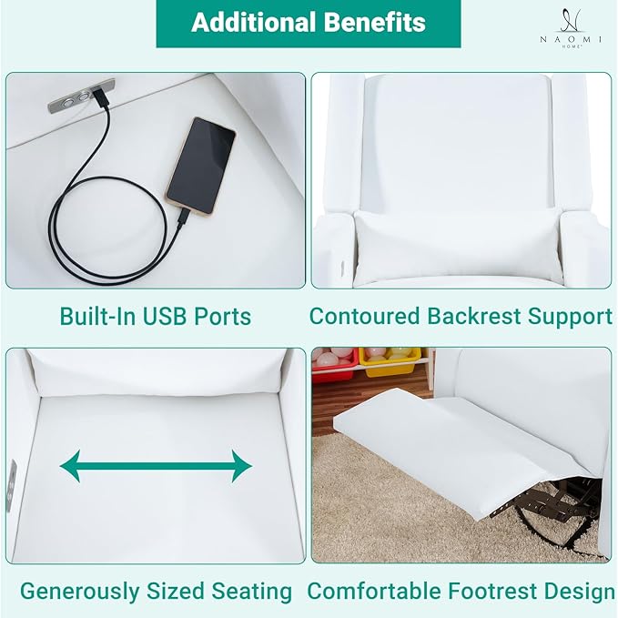 Naomi Home Tanya Luxury Motion Recliner Chair Bright White – Plush Upholstered Glider Rocker with USB Charging Swivel and Lumbar Support for Nursery Comfort 275 lbs Capacity