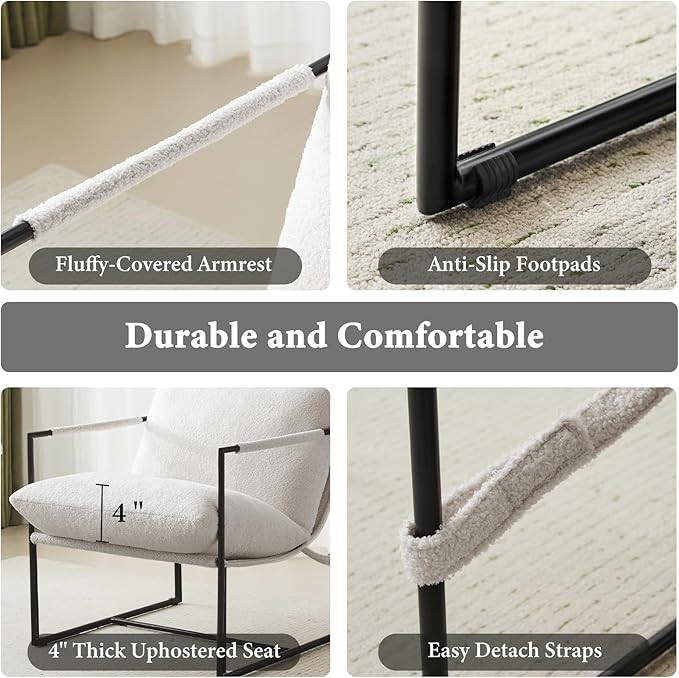 Furniliving Sling Accent Chair with Metal Frame Comfortable Boucle Fabric Arm Chair Upholstered Cozy Reading Chair for Living Room Bedroom Dressing Room Home Office Purewhite
