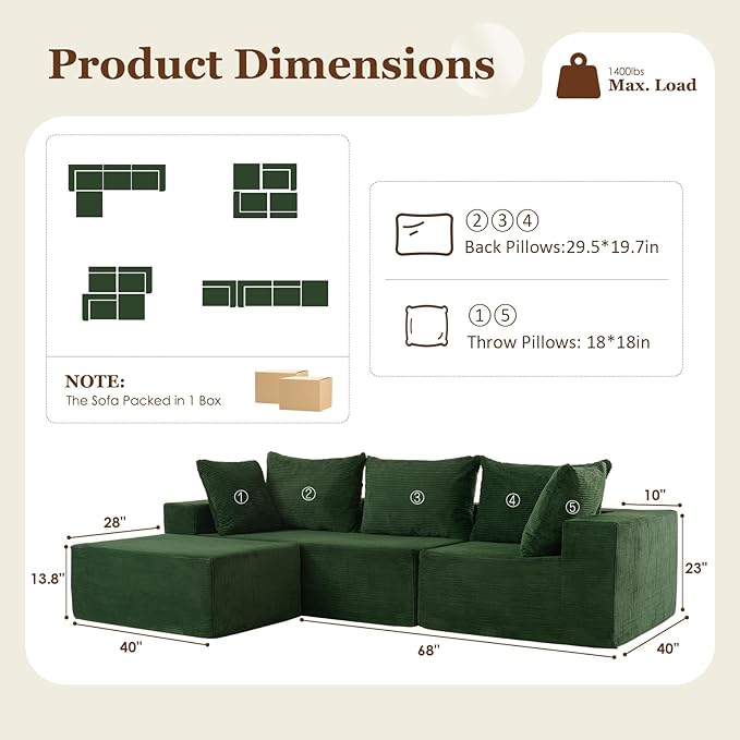 INGEROOM 108 Cloud Sectional Couch with L-Shape Chaise Modular Sofa Memory Foam Boneless Sofa with Movable Ottoman Plush Corduroy Memory Foam Couch for Living Room No Assembly Forest Green