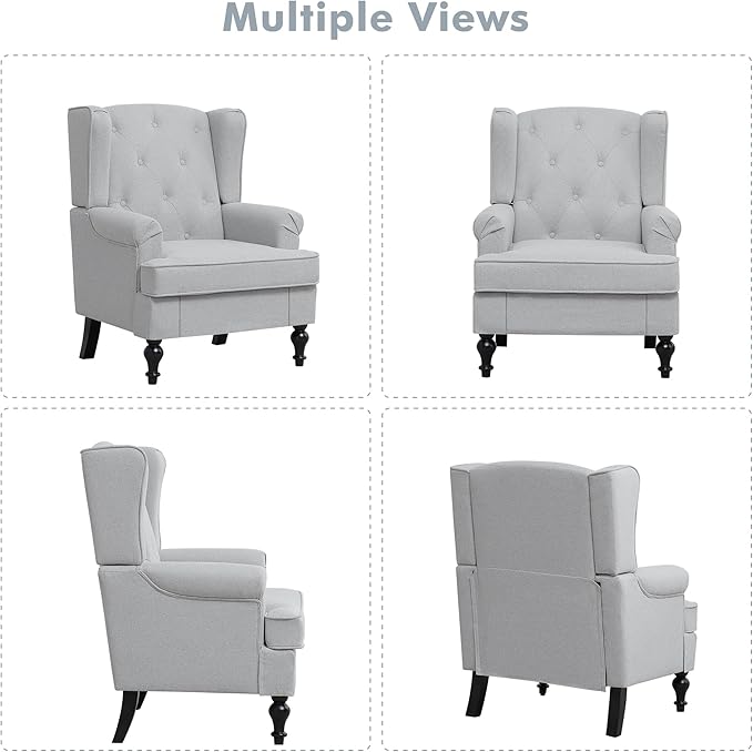 Accent Chair for Living Room Mid Century Modern Upholstered Armchair Wingback Chair with Tufted High Back and Solid Legs Comfy Single Sofa Side Chairs for Bedroom Light Grey