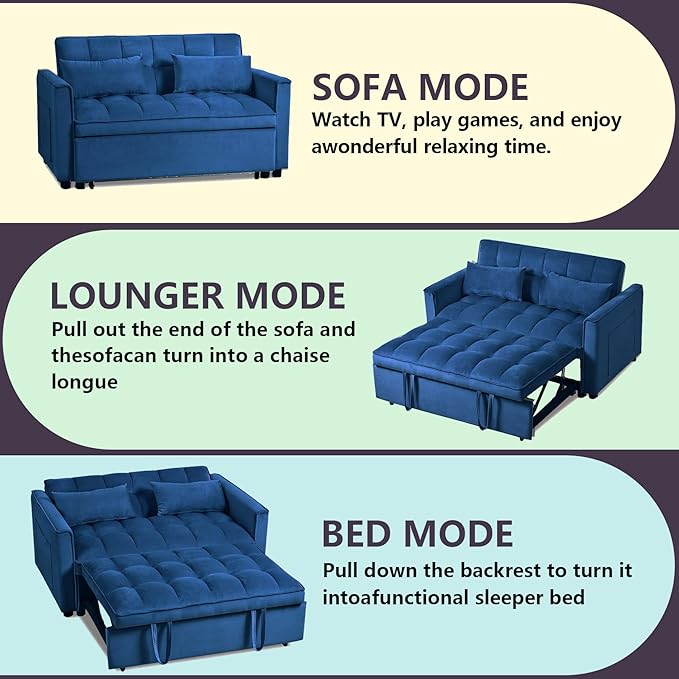 3 in 1 Pull Out Couch Bed Convertible Futon Sofa Bed Velvet Sleeper Loveseat for Small Living Room Adjustable Backrest Comfy Pillows Side Pocket (Blue)