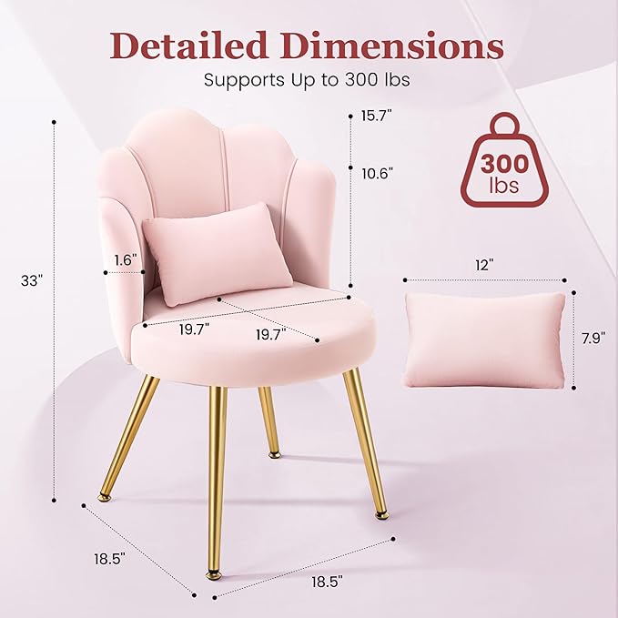 Petal Makeup Vanity Chair with Back Flower Chair Comfy No Wheels for Girls Women Makeup Chair with Golden Metal Legs &amp Lumbar Pillow for Living Room/Makeup Room/Bedroom/Home Office - Pink