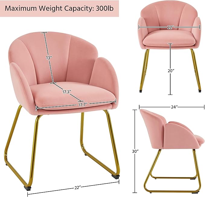 Yaheetech Velvet Living Room Chair Flower Shaped Armchair with Golden Legs Upholstered Side Chair for Vanity Room Living Room Kitchen Set of 2 Pink