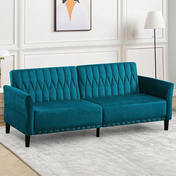 77 Inches Velvet Tufted Sofa Bed w/Adjustable Backrests &amp Armrests Convertible Sleeper Sofa w/Nailhead Trim Modern Loveseat Couch with Sturdy Legs for Living RoomOfficeTeal