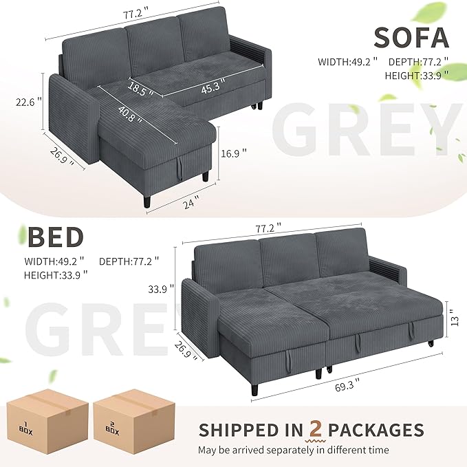 Walsunny Sectional Sofa Couch L Shaped Sleeper Sofa Bed Pull Out Bed with Storage Reversible Sectional Couches for Living Room Apartment Office(Dark Gray)
