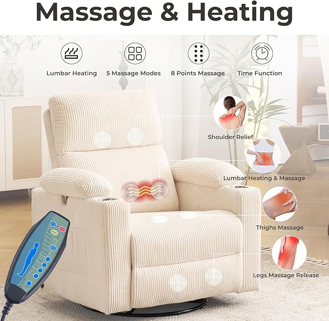 Power Recliner with Adjustable Armrests Rocking Chair Nursery with Massage and Heat Electric Glider Recliner Nursing Chair for Breastfeeding Swivel Rocker Recliner Corduroy Beige