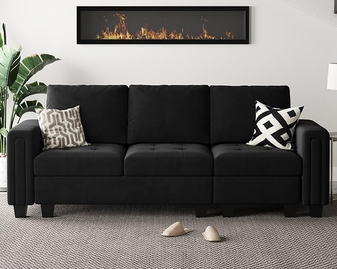 Belffin Velvet Modular Sofa Couch 3 Seater Sofa Couch for Living Room Black
