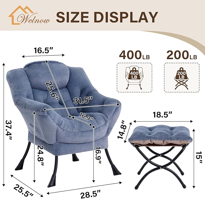 Welnow Lazy Chair with Ottoman Modern Accent Chair with Armrests and a Side Pocket Leisure Sofa Armchair Set Reading Armchair with Footrest for Small Space Plush Light Blue